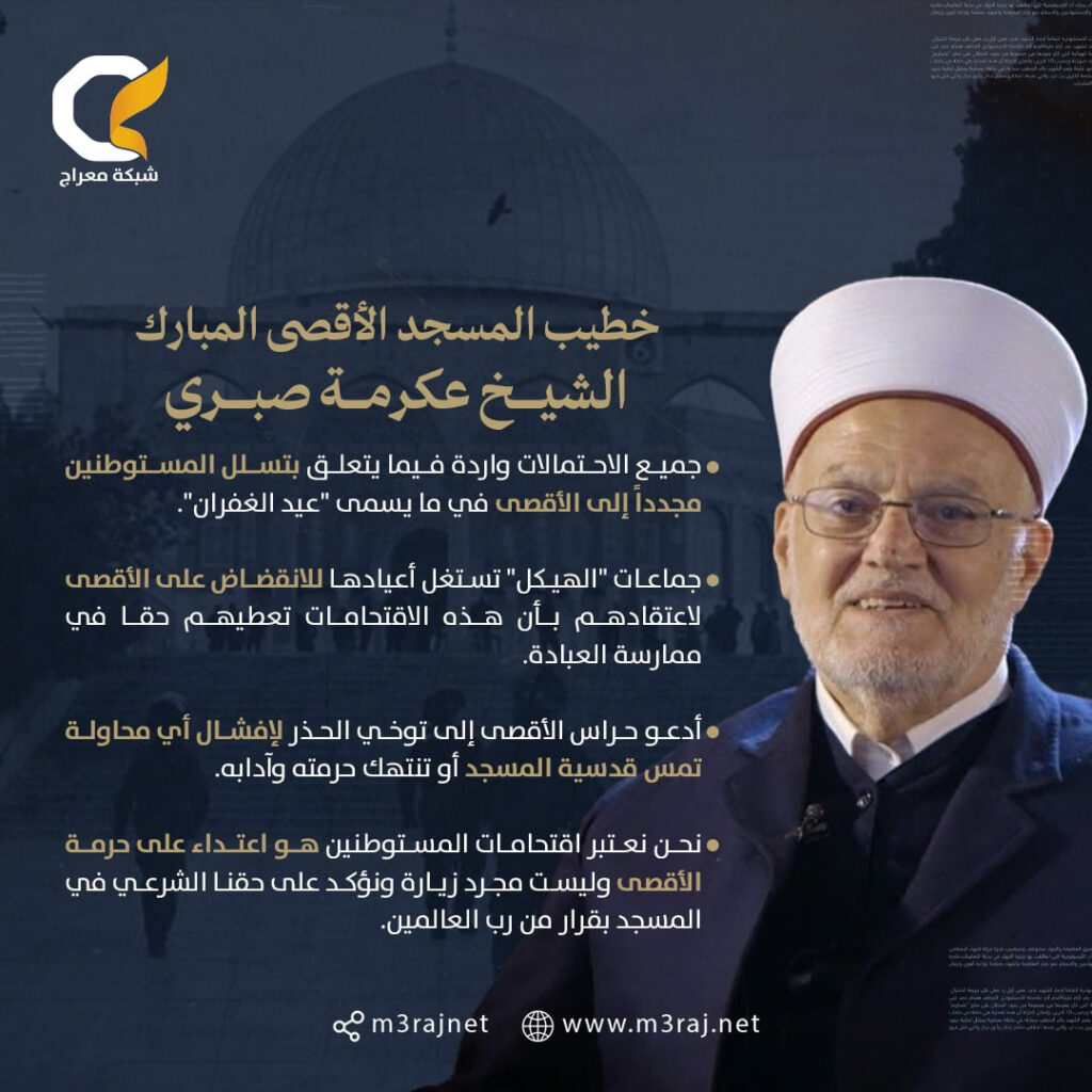 عكرمة صبري: احتمالية تسلل المستوطنين للأقصى في “عيد الغفران” واردة