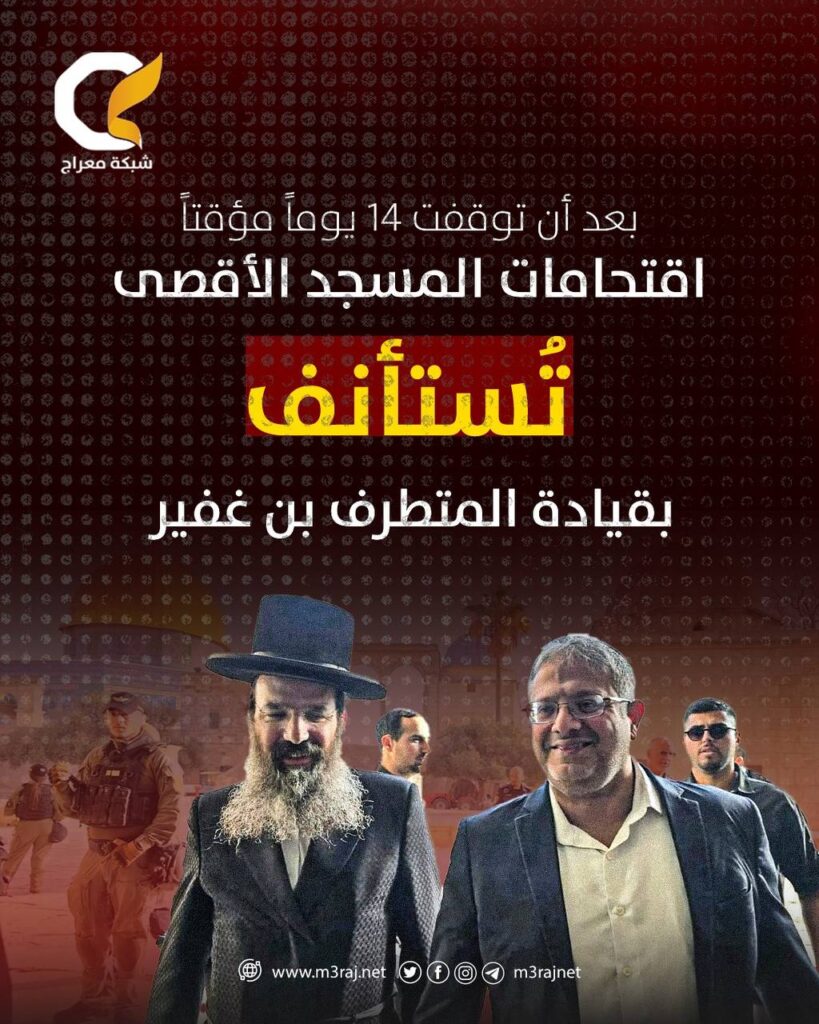 بعد انقطاع مؤقت.. مستوطنون بقتحمون الأقصى بقيادة “بن غفير”
