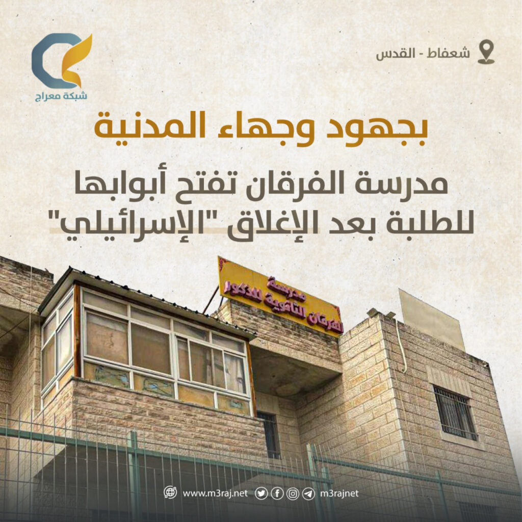بعد إغلاق “إسرائيلي”.. وجهاء مقدسيون يفتحون مدرسة الفرقان في شعفاط لاستئناف التعليم